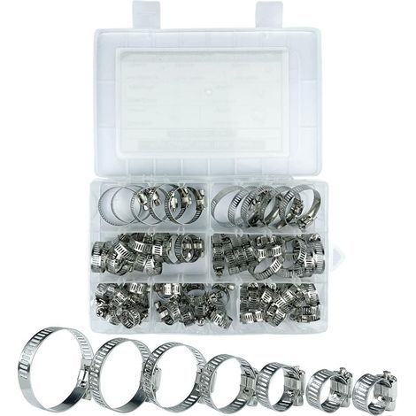 Abrazaderas para mangueras AIDUCHO, abrazaderas de acero inoxidable, 60 unidades, 8-38 mm, 7 tamaños diferentes, para piscinas, lavadoras, lavavajillas y tuberías de agua domésticas. (1/5)
