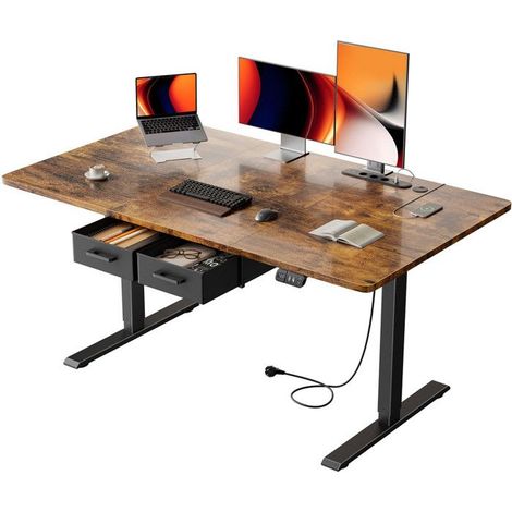 Escritorio Eléctrico de Pie y Sentado EcoFurnix, 140 x 80 cm, con Toma de Corriente Integrada, 2 Cajones Extraíbles, Puerto USB-C, Marrón