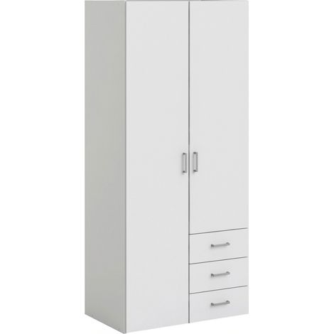 Armadio Con 2 Ante e 3 Cassetti Armadietto Multiuso Design Moderno Salvaspazio Vano Con Barra Appendiabiti E Ripiani Camera Da Letto Ingresso Lavanderia 77.6 x 49.5 x 175.4 Cm Bianco
