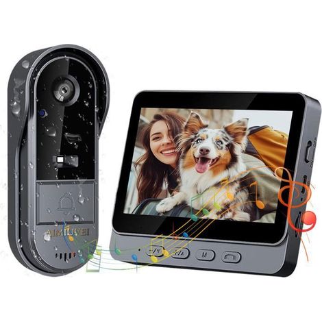 Sonnette Vidéo Sans Fil Etanche 1080P, écran IPS de 4.3, IP65, Caméra HD 170° Interphone Vision Audio Bidirectionnel