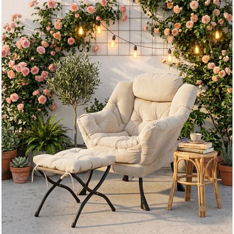 Relaxsessel mit Hocker, Armlehnen und Seitentasche, beige HAVRYA (1/5)