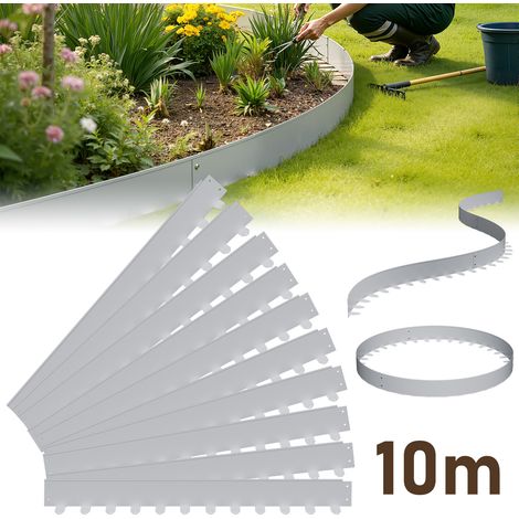 Wolketon Bordüre aus flexiblem Stahl für Garten & Rasen - 10 Paneele à 100 cm (10 m Gesamtlänge) - Höhe 5 cm - Farbe Silber - inkl. 120 Erdankern & Befestigungsnägeln