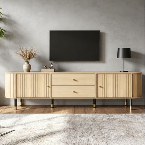 Mobile TV 180x40x58 cm, 2 cassetti e 2 ante scorrevoli, gestione cavi, MDF effetto legno naturale (1/5)