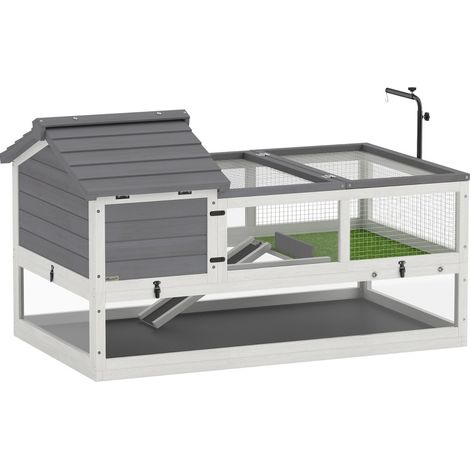 Maison pour tortue en bois gris avec deux abris, zone de repos, terrasse, panneaux transparents, couvercle ouvrant et support de lampe réglable - CHICFURN (1/5)