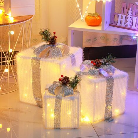 Lot de 3 décorations de Noël illuminées – LED à piles non rechargeables – Nœud à paillettes argentées – Pour intérieur et extérieur (1/5)