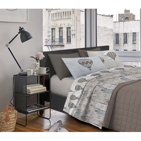 Completo letto lenzuola, parure, fantasia mongolfiera linea volare 100% cotone, made in italy Beige - Matrimoniale (1/3)