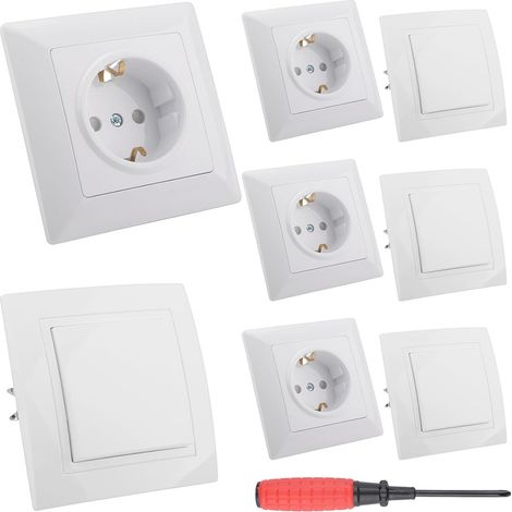 4 Pièces Prise Murale Encastrée et 4 Pièces Interrupteur Ou Va-et-Vient Prise Electrique Murale Simple Interrupteur D'éclairage Blanc avec Cadre avec Tournevis pour Chambre Cuisine - 82x82 mm (1/5)