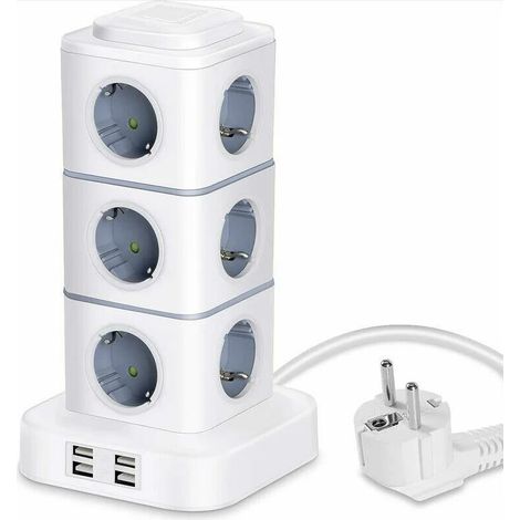 Multiprise,Tour Multiprise, 12 Prises Multiprise Electrique (2500W / 10A) avec 4 Ports USB, Multi Prises électriques Parafoudre Multiprise Verticale pour Maison Bureau, Rallonge 3M (1/5)