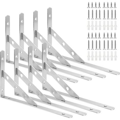 Lot de 8 Équerres Triangle 90 Degrés pour Étagères Murales - Support d'Étagère en Acier Inoxydable 15x25 cm - Capacité 30 kg - Fixation Murale avec Vis - Argent (1/5)