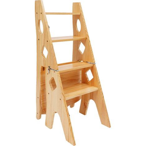 Chaise D'échelle De Bibliothèque Pliante en Bois Massif Escabeaux Escabeau Tabouret Pliable À 4 Marches Escabeaux À Double Usage 4 Marches d'escalade Présentoir Porte-Fleurs, couleur bois (1/5)