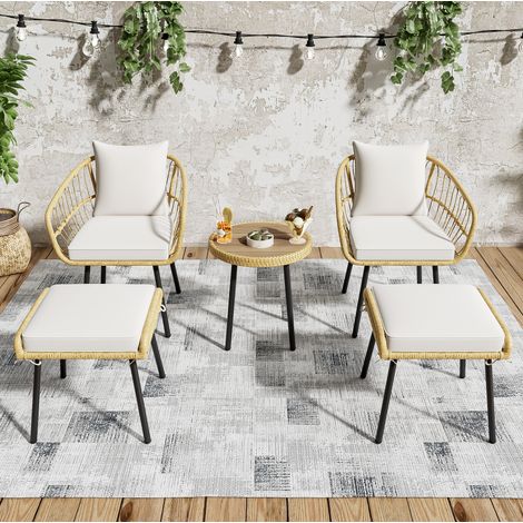 Ensemble de mobilier de jardin 5 pièces en rotin blanc et naturel avec coussins, 2 chaises, 2 tabourets et 1 table (1/5)