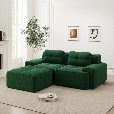 MODFU – Sofá modular 204x177 cm de pana con asiento profundo, 3 módulos, espuma 32D y antideslizante – Verde (1/5)