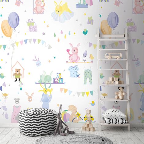 Fototapete Profhome 391881 heißgeprägte Vliestapete glatt Kindertapete matt lila rosa gelb blau 1,59 m x 2,8 m