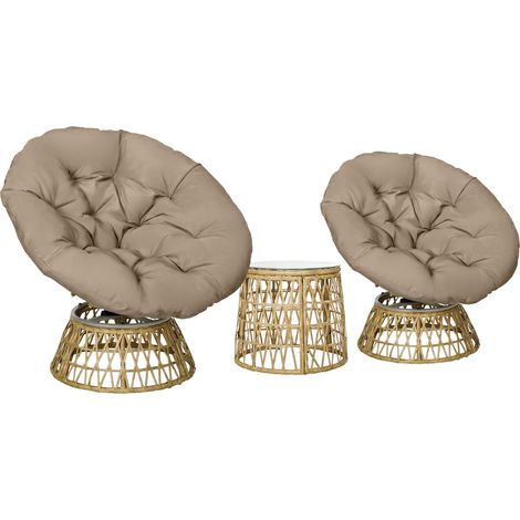 Ensemble salon de jardin 3 pièces 2 fauteuils papasan pivotants table basse ronde résine tressée polyester
