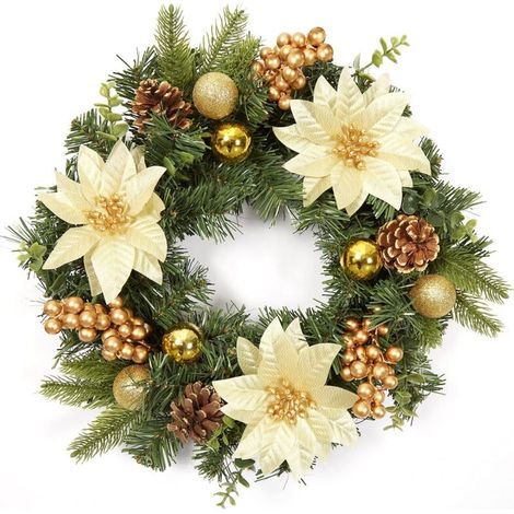 Weihnachtskranz, Türkranz mit Weihnachtskugeln, Weihnachtsblumen, Beeren und Tannenzapfen für Haustür, Kamin und Wanddekoration – Gold, 40 cm (1/5)