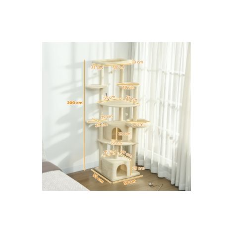 Arbre à chat beige 2 m pour 2 à 3 chats avec griffoirs, niches, hamac et plateformes pour salon et chambre (1/5)