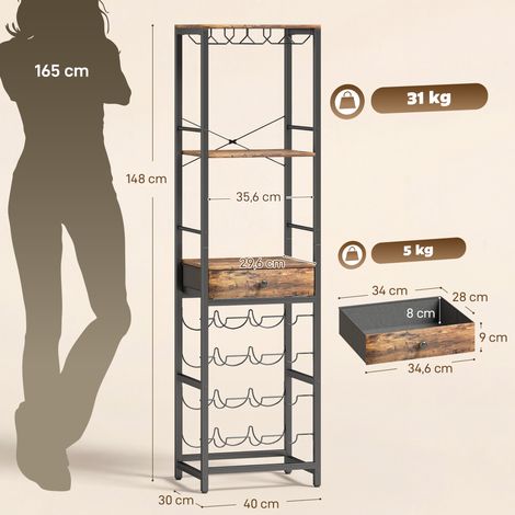 Weinbar-Schrank mit Schublade, Industrieller Barschrank, Weinregal für 12 Flaschen, Glashalter, Rustikal Braun (1/5)