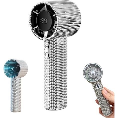 Ventilateur portable - Éventail à main avec fonction turbo - Vitesse de ventilation réglable - Mini-éventail à main orné de cristaux - Rechargeable - Avec affichage numérique - Blanc-AquaForge (1/5)