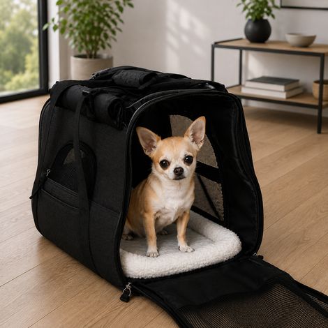 belviona Haustier-Tragetasche, Transporttasche für Katzen & kleine Hunde bis 10 kg, faltbar, mit Schultergurt & Liegekissen, schwarz (1/5)