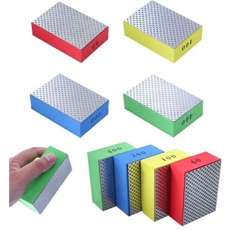 Lot de 4 tampons de polissage diamant à la main, blocs de ponçage pour pierre, céramique, carrelage, verre, 4 niveaux de rugosité – 60 100 200 400 (côté argenté) (1/4)