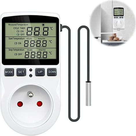 Thermostat Plug, Digital Temperature Controller, 230V Programmable Digital Plug with LCD Screen and Probe, Terrarium Thermostat, Heating Thermostat Plug for Greenhouse, Aquarium (French Plug) (1/5)