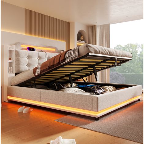 Polsterbett mit Stauraum 140x200 LED USB Leinen Beige OKMYHOME (1/5)