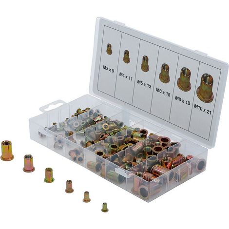 Sortimentskasten mit 150 Gewindeeinsätzen aus verzinktem Stahl von 3 bis 10 mm (1/2)