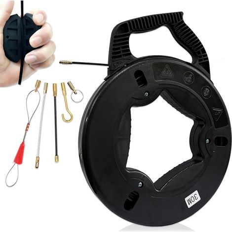 Aiguille Électricien 30m Tire Fil en Fibre de Verre Tire Fils Electrique Kit Fish Tape avec Boîtier Poignée Outil Extraction Câble Flexible pour Murs Conduits Installation Câbles Électriques (1/5)