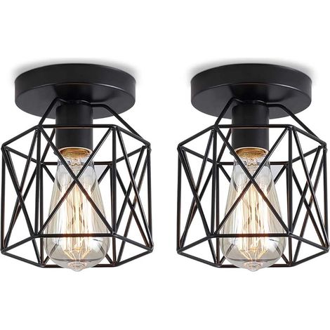 Lot de 2 Vintage Plafonnier Industriel en Métal Cage Hexagone Luminaire Abat-jour Géométrique Design Suspension E27 Lampe de Plafond pour Chambre Café Restaurent Entrée Couloir, 15CM, Noir (1/5)