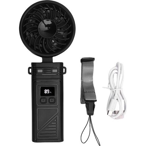 5200 mAh Rechargeable Portable Fan with 6 Speeds, Digital Display, Detachable Head and Neck Strap – Black (1/5)