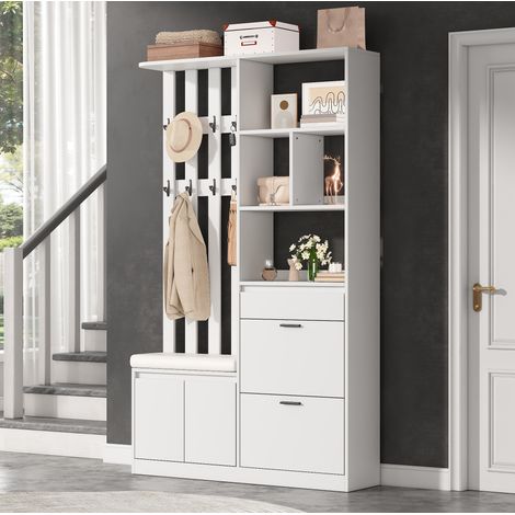 Guardaroba da ingresso in MDF bianco con 10 ganci, 120 x 30 x 200 cm, panca imbottita, 2 scarpiere a ribalta e cassetto (1/5)