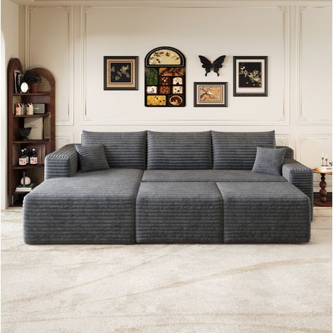 Sofá chaise longue 241 cm gris oscuro en tela de pana con asiento profundo y sin montaje (1/5)