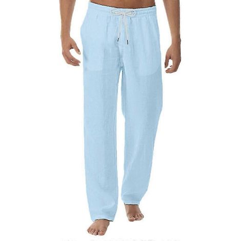Herren-Hose in Leinenoptik, Baggy-Hose mit elastischem Bund, lässige Strand- und Yogahose-XL-Blue