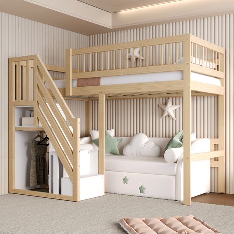 Lit mezzanine 90x200 cm naturel en bois avec escalier de rangement (1/5)
