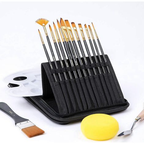 Set mit 12 Pinseln inklusive zusammenklappbarem Etui mit kostenlosem Palettenmesser, großem Flachpinsel und