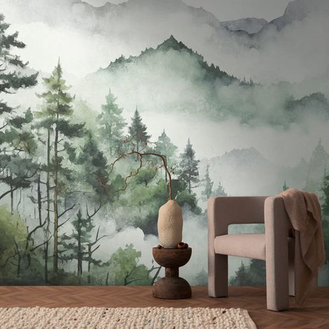 Fototapete Profhome 398991 heißgeprägte Vliestapete glatt mit Waldmotiv matt grün weiß grau 3,71 m x 2,8 m