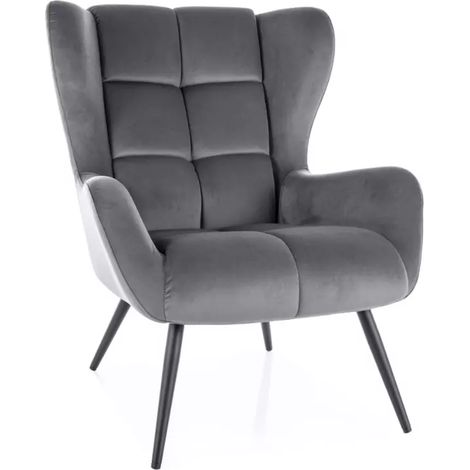 Fauteuil velours gris dossier capitonné esprit cosy pieds métal noir SUITE (1/5)