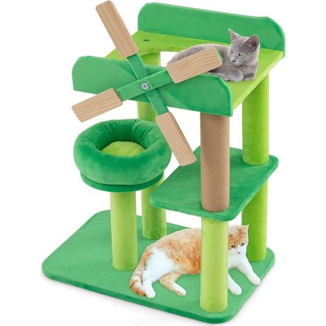COSTWAY Tiragraffi a Forma di Mulino a Vento, Albero per Gatti con Lettino, Imbottitura Rotonda e Piattaforma Superiore con Paratie Anticaduta, Torre per Animali Domestici Interno, Verde e Naturale (1/5)