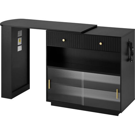 Bar moderne, buffet réversible extensible et pivotant à 360°, avec rangement et éclairage LED, panneau perforé et prises, pour cuisine et salle à manger (Noir)