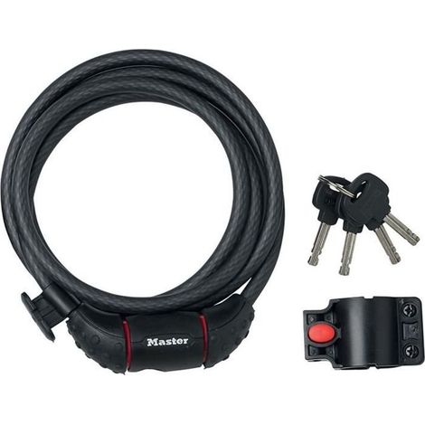 MASTER LOCK Cable Antivol Vélo [1,8 m Câble] [Clé] [Extérieur] [Support Fixation Vélo] 8130EURDPRO - Idéal pour Vélo, Vélo Electrique, Skateboard, Poussettes, Tondeuses et autres Equipements (1/4)