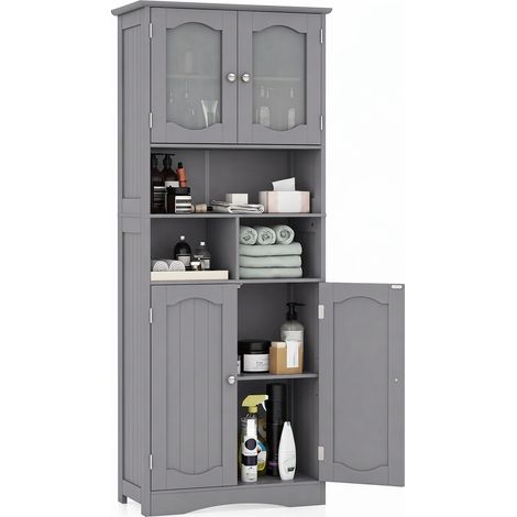 Armoire de Rangement de 148,5cm de Haut, Armoire Haute Autoportante, Portes en Verre Givré, Etagères, pour Salle de Bain, Cuisine, Salon, Bureau,Blanc (1/5)