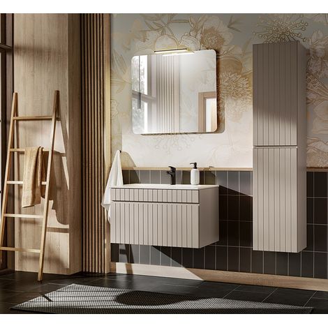 Badezimmer Set 81 cm Waschtisch Hochschrank Spiegel IRAKLIO-56-CASHMERE Kaschmir B/H/T ca. 145/200/46 cm (1/5)