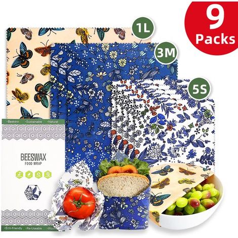 Set di 9 involucri in cera d'api in tre misure S/M/L con motivi di farfalle e fiori, riutilizzabili, confezione senza plastica. Types of Life (1/5)