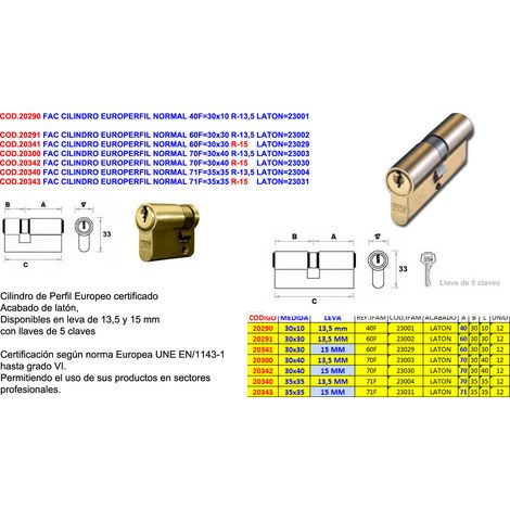 FAC Seguridad Cilindro Europerfil Normal 40F 30x10mm R-13,5 Latón 23001