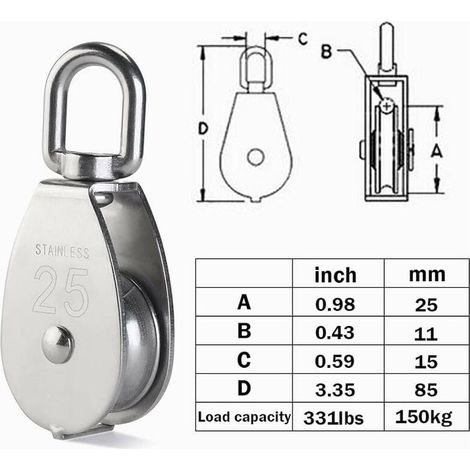Stück M25 Einzelrollenblock, Rollenrolle aus Edelstahl 304, Krandrehhaken, glattes Drahtseil, Tragfähigkeit 150 kg (1/5)