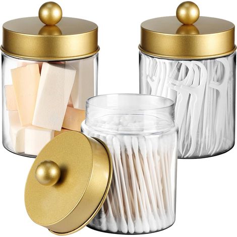 Bocal Apothicaire - Porte-Cotons-Tiges - Récipient de Rangement pour Salle de Bain - 3 Pièces - Plastique Transparent BPA-Free - Or (1/5)