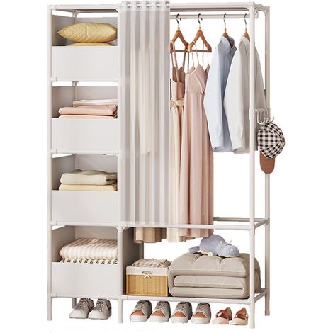 Armoire de rangement penderie 170x105x45 cm – En blanc avec 4 étagères en tissu non tissé – Capacité 100 kg pour vêtements longs et courts