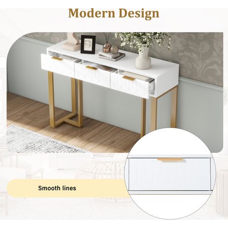 Console moderne avec des tiroirs, structure de couleur dorée, pieds réglables et poignées élégantes. Couleur : blanc+doré. (1/5)