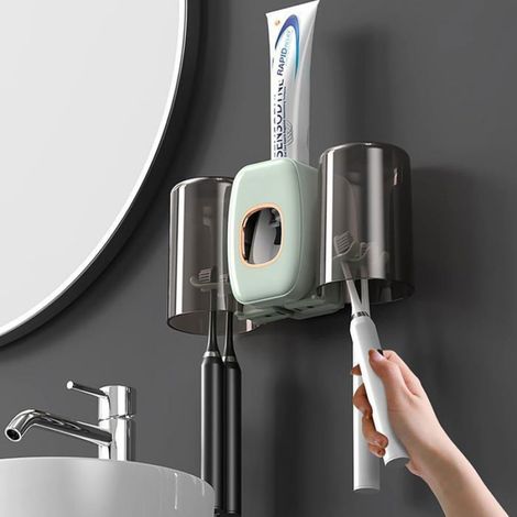 Porte-brosses à dents mural 4 emplacements avec distributeur dentifrice. 2 gobelets inclus, installation facile. Vert. (1/5)