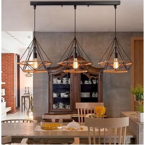 Kawoo Lustre Suspension Industrielle rétro 25cm en forme Diamant Corde de Chanvre Ajustable Luminaire pour Salle à Manger,Bar (1/4)